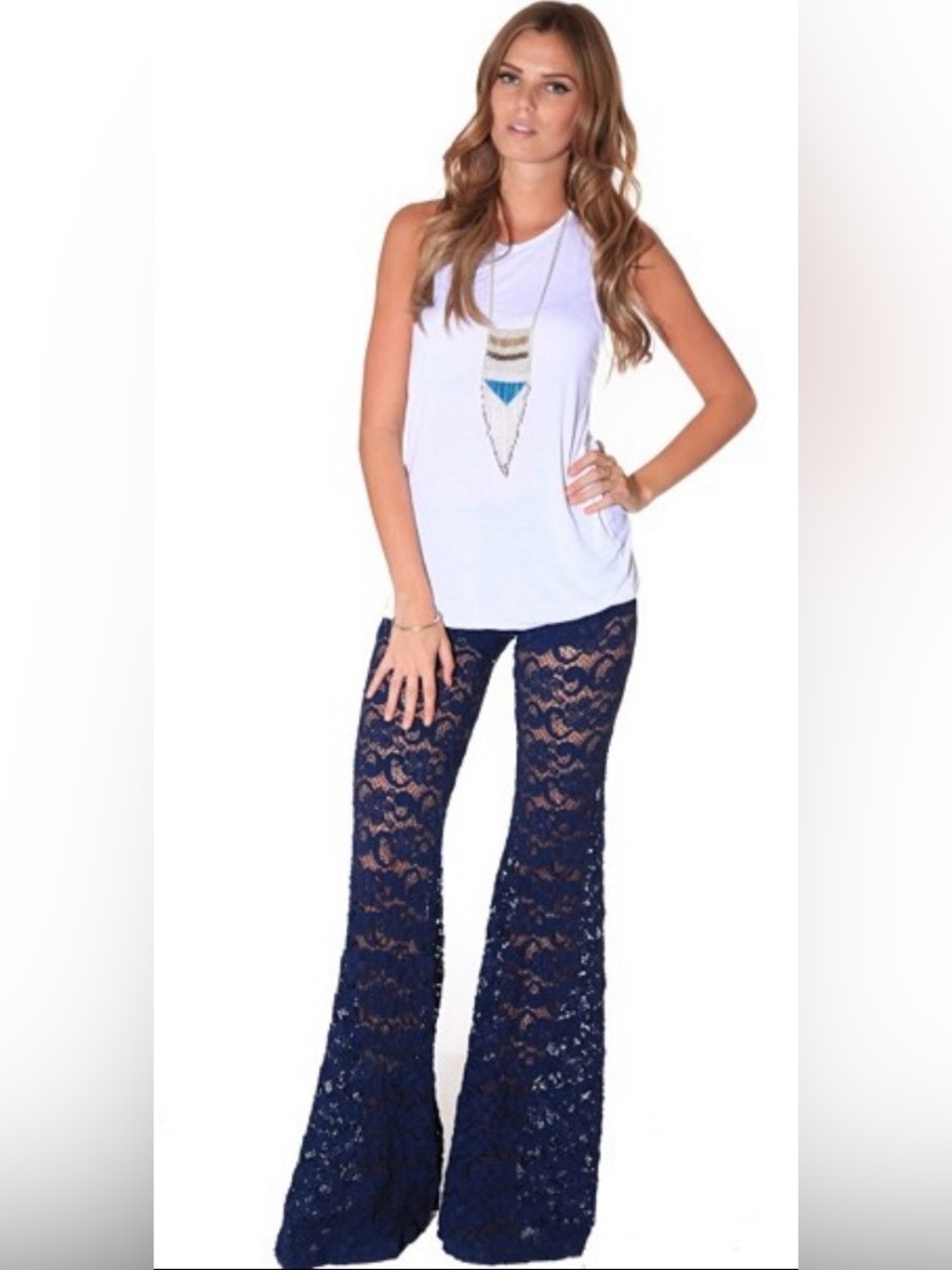 NWT Nightcap Clothing Dixie Lace Bells Stretch Flare Pants Navy Blue 3/M